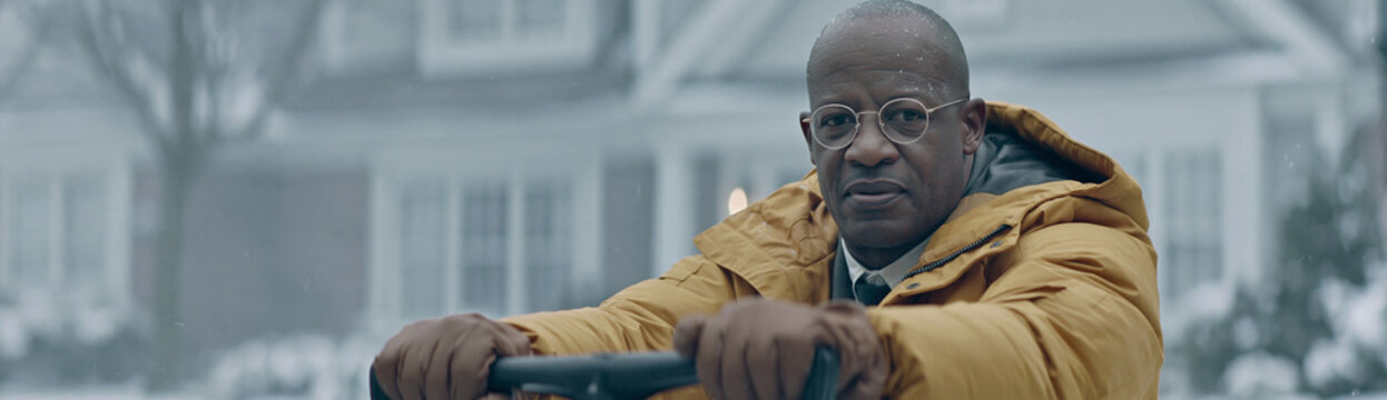 Middle-aged Black man wearing glasses and a yellow jacket, with a shovel, clearing snow from a residential driveway during a snowstorm. Serious expression, focused on the task