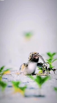Young Bird Chick Sitting on the Ground and Flapping Its Wings