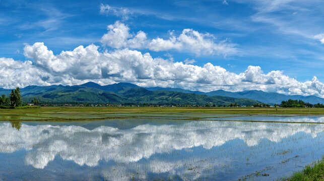 Flooded Paddy Field Reflects Dramatic Cloudscape and Verdant Mountains Under a Clear Blue Sky