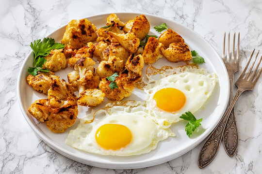 Baked crispy cauliflower served with  fried eggs