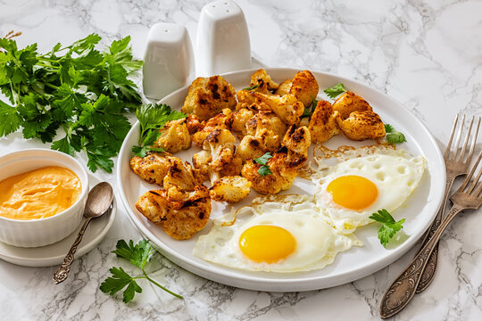 Roasted cauliflower with sunny side up fried eggs