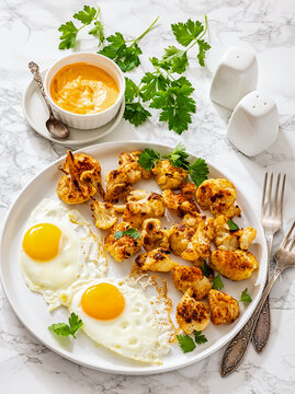 Coliflor al horno with sunny side up fried eggs