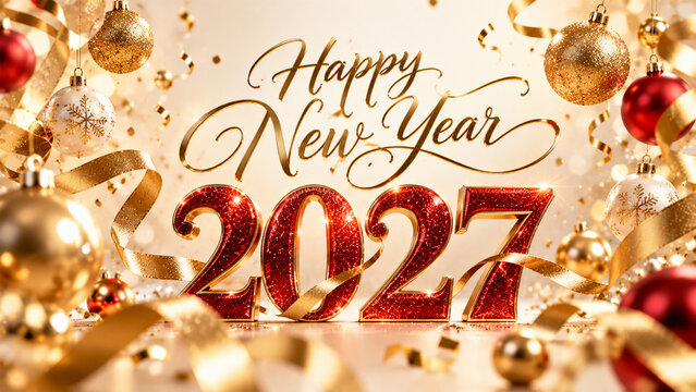 Happy New Year 2027 greeting with sparkling red numbers, elegant gold lettering, festive ornaments, ribbons and confetti on bright luxury celebration background