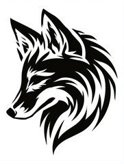 Fototapeta premium black and white tribal style fox head profile logo illustration isolated on white background wild animal mascot line art tattoo design silhouette graphic element minimalist canine symbol
