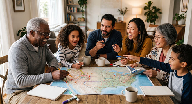 Diverse multi generational family planning road trip with map.