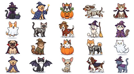 Fototapeta premium Cute Halloween Pets Collection. Cats, Dogs, Rabbits and Guinea Pigs in Costumes Vector Illustration