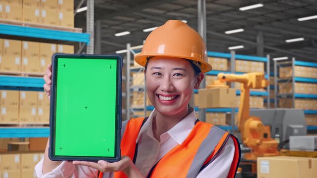 Close Up Of Asian Female Engineer With Safety Helmet Smiling And Showing Green Screen Tablet To The Camera in Automated Warehouse Robotic Arm Sorting Packages Logistics