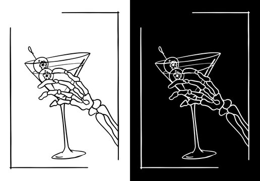 Skeleton hand holding cocktail glass vector, spooky Halloween martini line art illustration, bone holding drink with eyeball garnish, black and white line frame, transparent background
