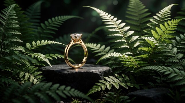 Elegant gold diamond ring sits on black stone in forest. Shiny luxury jewelry surrounded by green fern leaves. Natural sunlight hits precious gemstone among wild plants, tropical foliage. Romantic