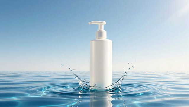Pristine beauty product bottle in water splash against clear sky