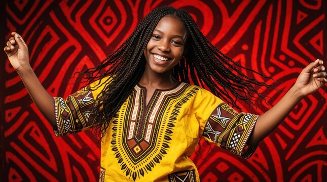 Happy young African girl with long dreadlocks dances in yellow traditional dashiki outfit. Smiling black woman moves arms against red tribal pattern background. Joyful ethnic person celebrates