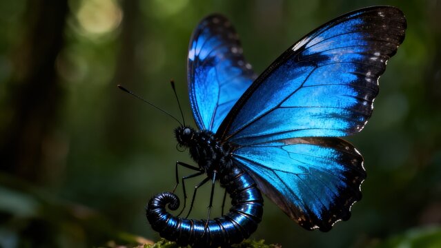 Blue Morpho Butterfly with Iridescent Blue Wings Half-Open