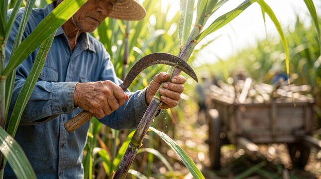 Farmer harvesting sugar cane field using sickle in bright sunlight