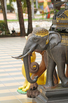 Ornate Thai Elephant Statue with Traditional Royal Regalia Outdoors