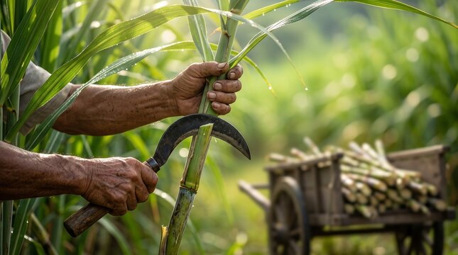 Close up of farmer harvesting fresh sugarcane with sickle on agricultural field