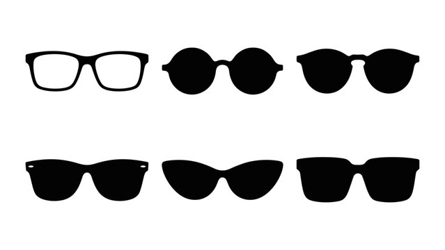Collection of various black eyeglass frames and sunglass silhouettes with black icon eye protection eye gear vision care sunglass icons glasses set fashion accessory