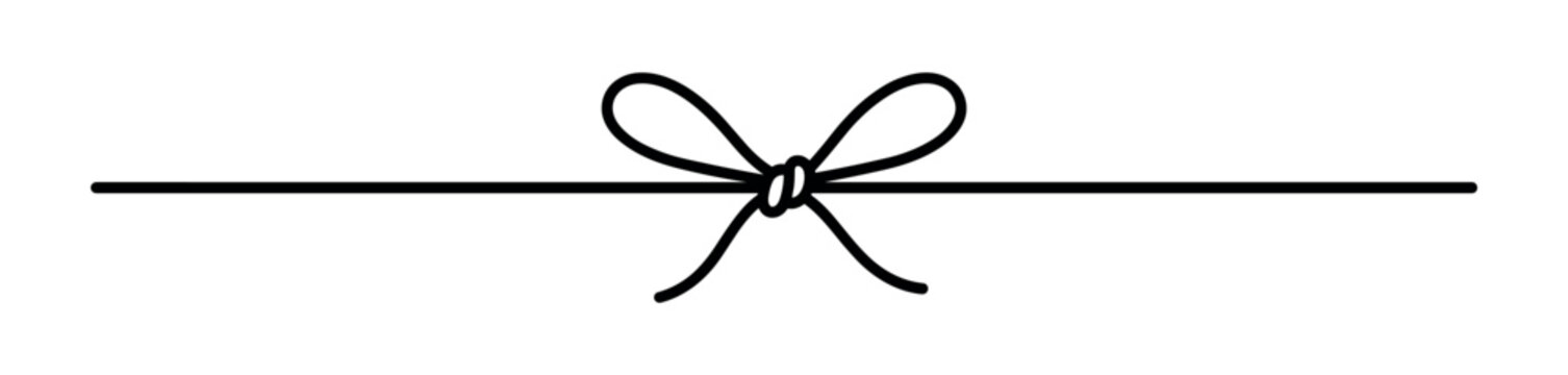 Simple black line of a decorative bow tied on a horizontal string, isolated on a plain white background