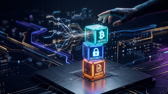 Futuristic glowing blocks representing crypto, security, and assets with digital portfolio data flow