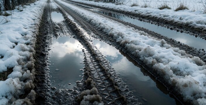 Melting snow, slush cover muddy road during early spring. Deep puddles with water reflections fill tire tracks on street. Dirty ice patches, wet ground mark transition from winter to march weather in