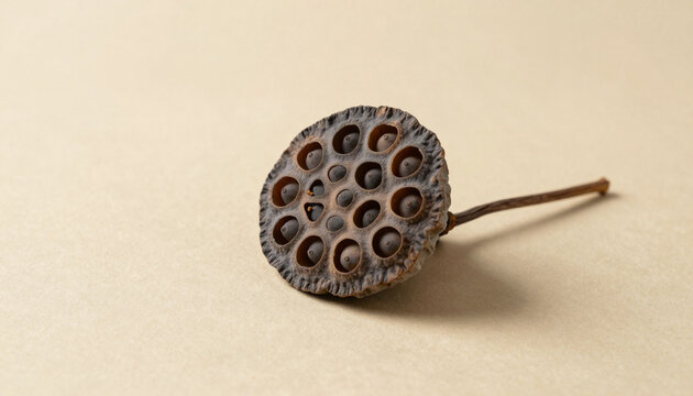 Single dried lotus pod on unbleached paper