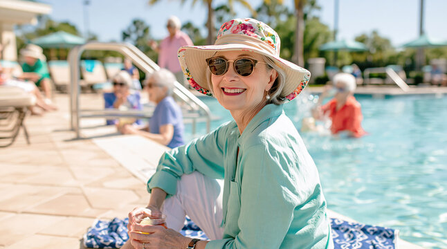 Senior woman relaxing poolside, enjoying an active retirement lifestyle at a resort swimming pool on a sunny day