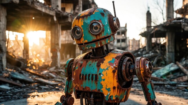Rusty colorful robot stands alone in ruined city. Broken cyborg with peeling paint looks around destroyed urban landscape during sunset. Old mechanical machine stays in apocalyptic wasteland near