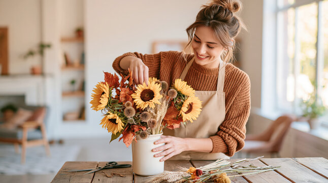 Woman creating autumn floral arrangement with sunflowers and dried leaves in a vase, working as a florist at a workshop