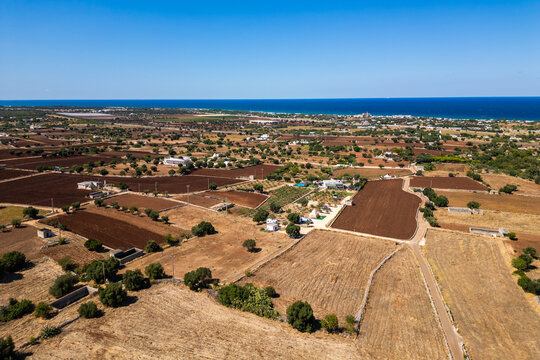 A high aerial view captures the rural Puglia countryside near Polignano a Mare, showcasing distinct red soil fields, scattered olive trees, and stone walls stretching towards the deep blue Adriatic