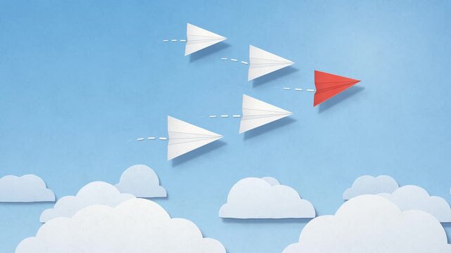 Paper airplanes flying in formation led by a red plane above paper cut clouds, leadership and teamwork concept, craft background with copy space, seamless loop