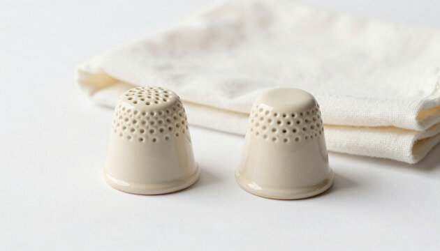 Two plain ceramic thimbles on folded cotton