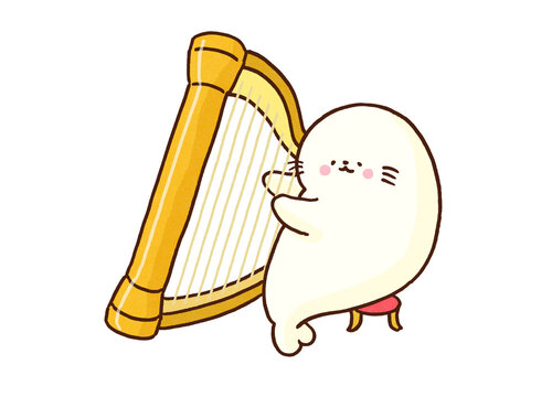 Harp seal playing a harp, classical music performance or orchestra concert concept