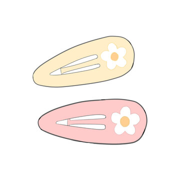 Cute digital illustration of pastel yellow and pink hair clips with daisy flower motifs 
