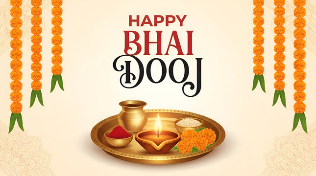 Happy bhai dooj festival greeting card with traditional puja thali and diya