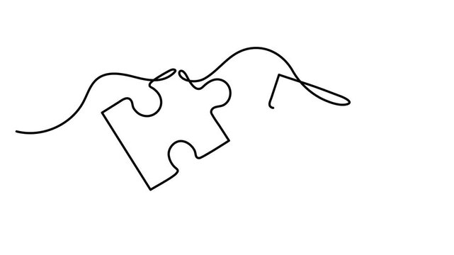 Two puzzle pieces connecting one line art animation, continuous line drawing business partnership problem solution motion, teamwork integration connection. 4k self-drawing