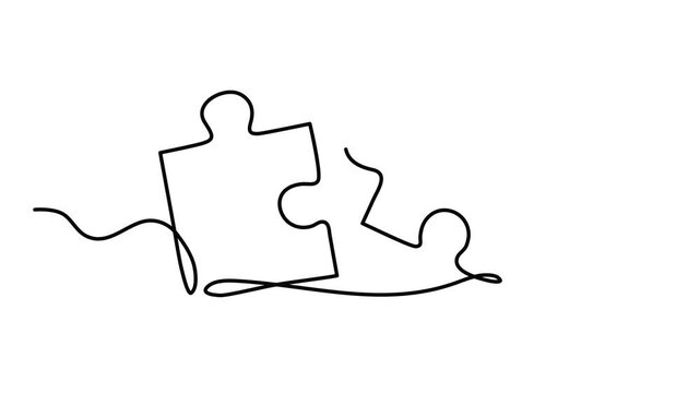 Two puzzle pieces connecting one line art animation, continuous line drawing business partnership problem solution motion, teamwork integration connection. 4k self-drawing