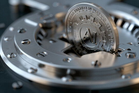 Atompunk AI processing machine with a single engraved AI token coin entering a precision reactor slot, built with chrome surfaces