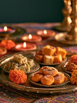 Colorful Indian Sweets Arranged on Decorative Tray for Diwali Celebration with Traditional Elements