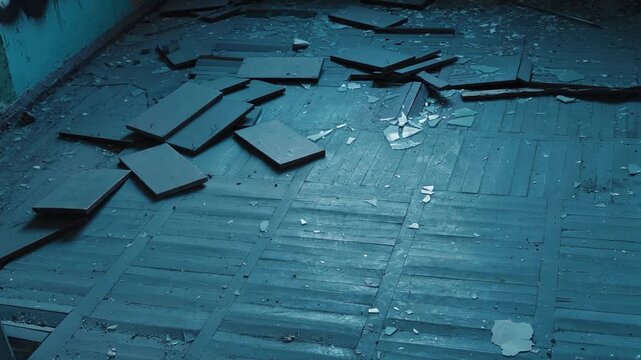 A pile of wood sits on top of a floor, with multiple logs and planks stacked together