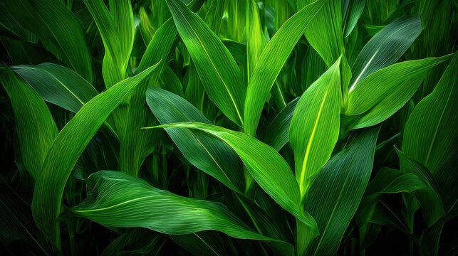 Lush green corn leaves in a sunlit agricultural field