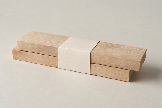 Two offset wooden slats bound by one broad paper band