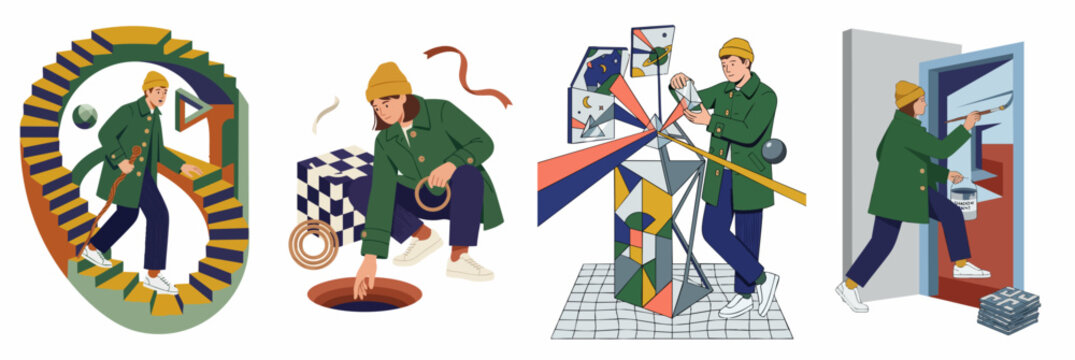 Set of four surreal conceptual illustrations featuring a character exploring impossible geometry, hidden holes, scientific structures, and doorways in a flat minimalist style.