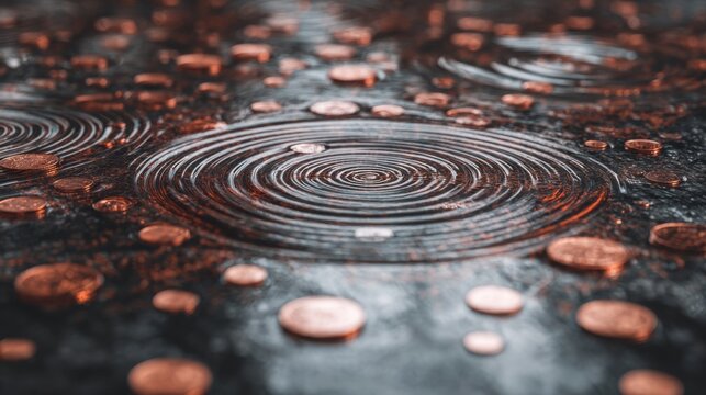 Circular ripple pattern of coins in water creating concentric waves