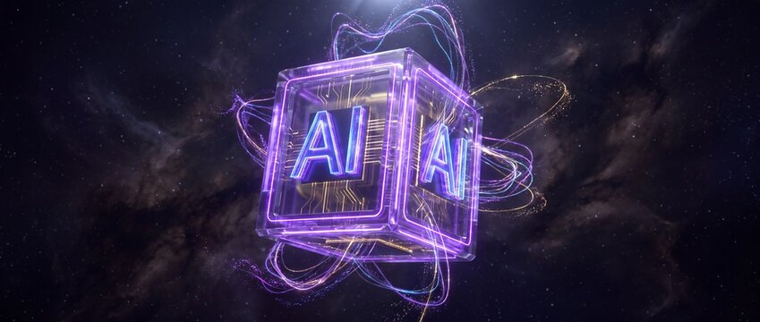 Glowing artificial intelligence cube floating in deep space with