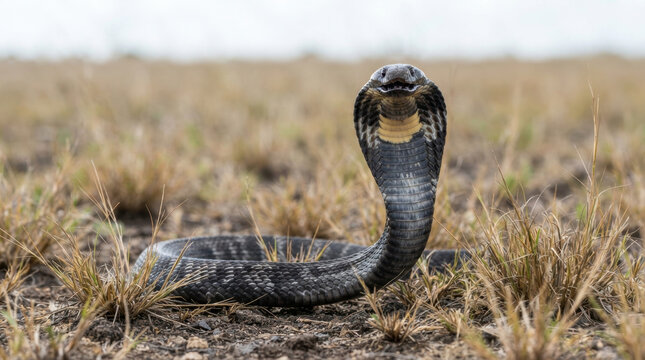 A majestic black cobra snake standing tall in the dry grassy plains of the African savanna