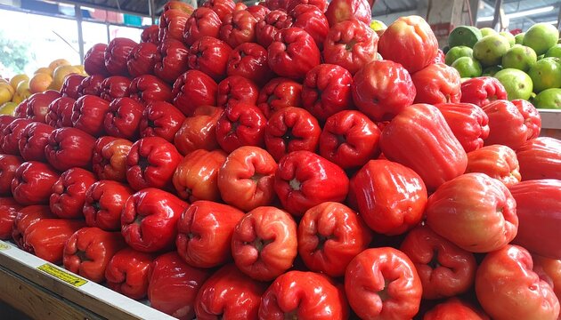 Stack of fresh red water apples or wax apples at traditional market display