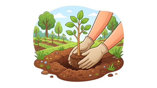 Cute Green Tree Planting Illustration Promoting Forest Conservation, Ecosystem Restoration and a Greener Environment