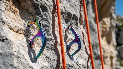 Fototapeta premium Close up of colorful 3d printed titanium climbing pitons fixed into rock wall. Innovative gear stays secure on steep cliff face with bright orange ropes. Advanced metal hardware used for outdoor rock