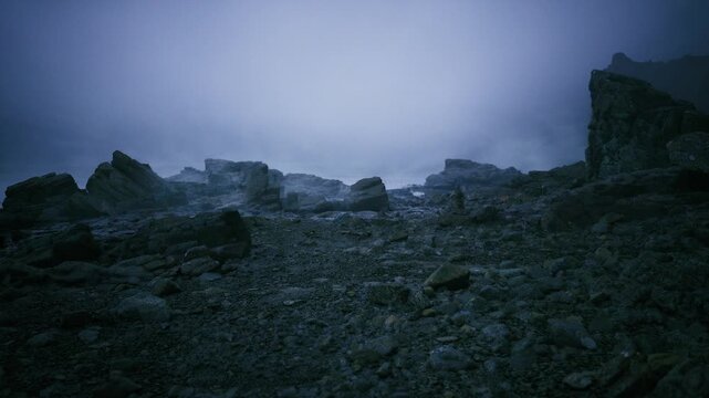 bleak basalt field after storm with heavy mist and scattered rubble, horizon obscured, researchers assessing terrain, raw textures and cold palette convey