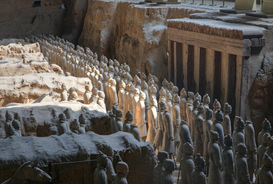 The Terracotta Army in Xi'an, China, buried by the Emperor Qin Shi Huang between 246 and 210 BC. A view of some of the thousands of warriors in Pit 1