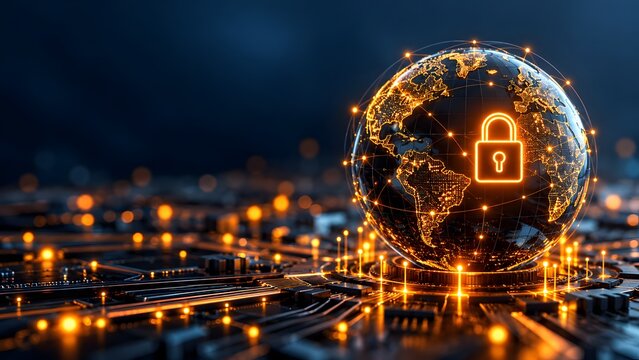 Global digital network security with glowing earth globe and padlock icon on futuristic circuit board